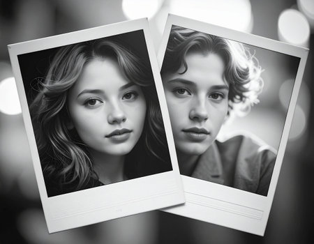 Black and white portrait of beautiful young woman and man in photo frameの素材
