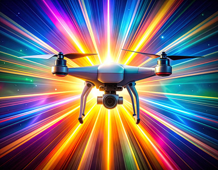 Drone with digital camera on colorful rays background. 3d illustrationの素材