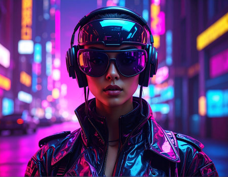 Portrait of a beautiful girl in a leather jacket and helmet.の素材