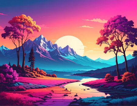 Beautiful landscape with mountains and river at sunset. Vector illustration.の素材
