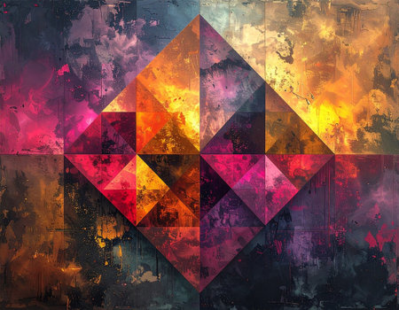 Abstract colorful background with geometric shapes and grunge textured elements.の素材