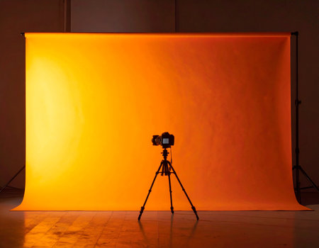 stage lighting equipment in the studio with soft light and shadow on the wallの素材