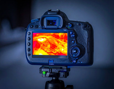 Camera on tripod with fire on the screen. Photo on a gray backgroundの素材