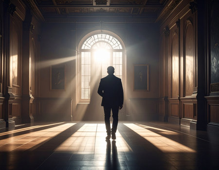 Businessman walking in a dark room with sunlight coming from the windowの素材