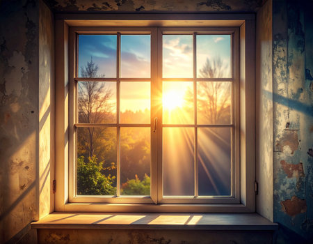 Sunset through the window in the old house. Vintage style.の素材