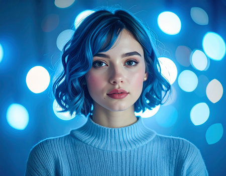 Portrait of a beautiful young woman with blue hair and bright makeup.の素材