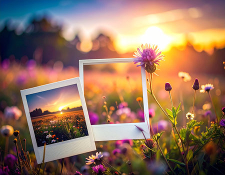 photo frames on the background of summer landscape with flowers and sunset.の素材