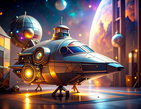 3D rendering of a space ship in a fantasy space scene.の素材