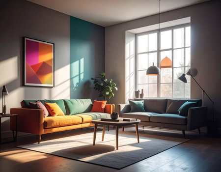 Interior of modern living room with orange sofa and coffee table. 3d renderの素材