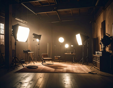 Empty photo studio interior with lighting equipment and lighting equipment on wooden floorの素材