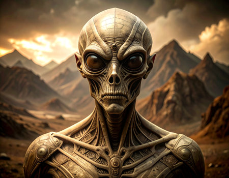 3D Illustration of a Fantasy Alien with mountains in the backgroundの素材