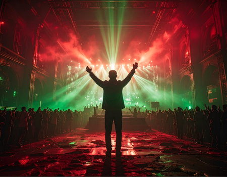 Silhouette of a man in front of a big crowd in a nightclubの素材