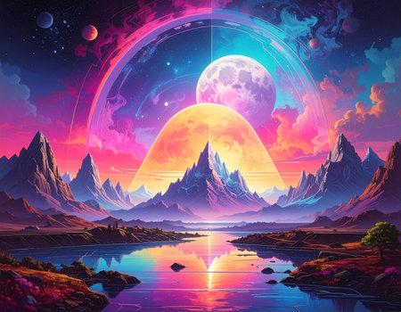 Fantasy landscape with mountains, lake and moon. Digital painting.の素材