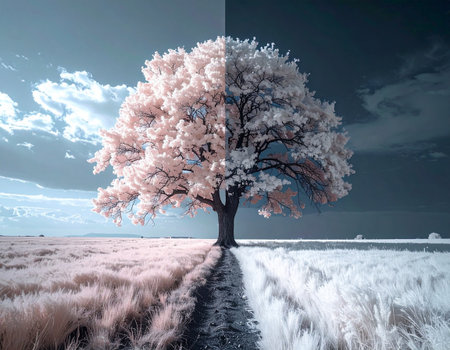 Tree in the meadow with cloudy sky. 3D Renderingの素材