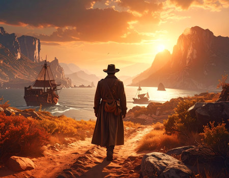 Rear view of a man walking on a path leading to a pirate ship at sunsetの素材