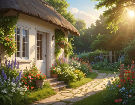 Beautiful cottage with flowers in the garden at sunset. Vintage style.の素材