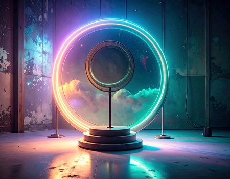 3d render, abstract background, neon light, round mirror, 3d illustrationの素材