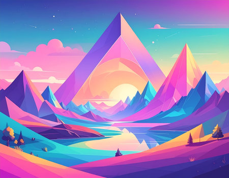 Landscape with pyramids and mountains at sunset. Vector illustration.の素材