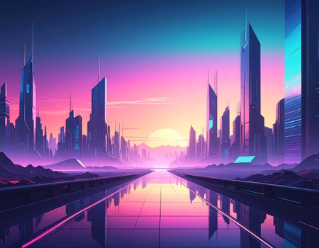 Futuristic city at sunset, 3d rendering. Computer digital drawing.の素材