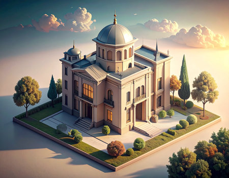 3d isometric view of the church in the park. Vector illustration.の素材