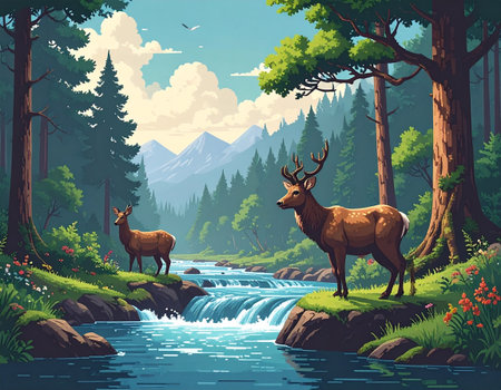 Beautiful nature landscape with river, forest and deer. Vector illustrationの素材