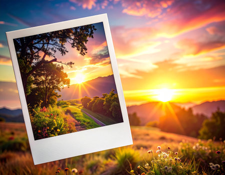 Sunset in the mountains. Photo frames on the nature background.の素材