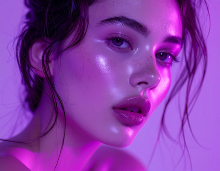 Portrait of a beautiful girl with makeup and hairstyle in neon lightの素材