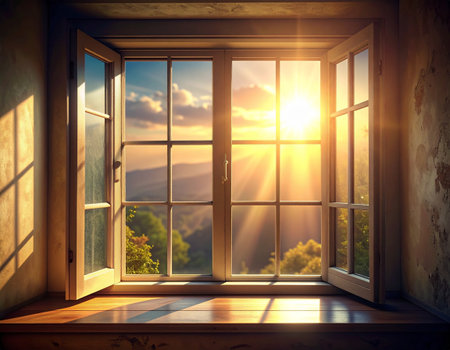 Sunset in the window with a view of the mountains. Toned imageの素材