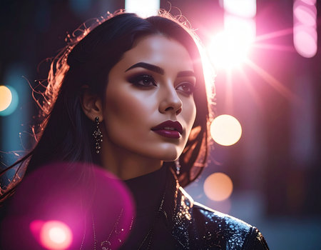 Beautiful brunette girl in a black leather jacket on the background of the night cityの素材