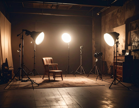 Interior of a modern photo studio with lighting equipment and chair.の素材