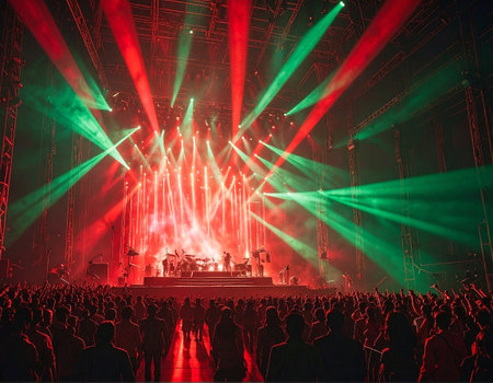 Concert crowd in front of a bright stage with red and green lightsの素材