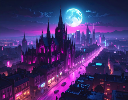 Fantasy city at night with full moon, 3D illustration.の素材