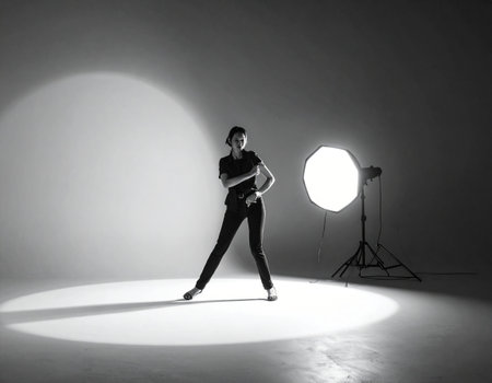 Young female fashion model posing in studio over grey background with spotlights.の素材