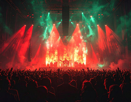 Concert crowd in front of a bright stage with lights and smokeの素材