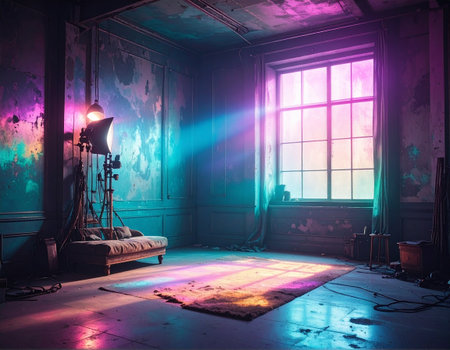 Old interior of a room with a large window and a spotlight.の素材