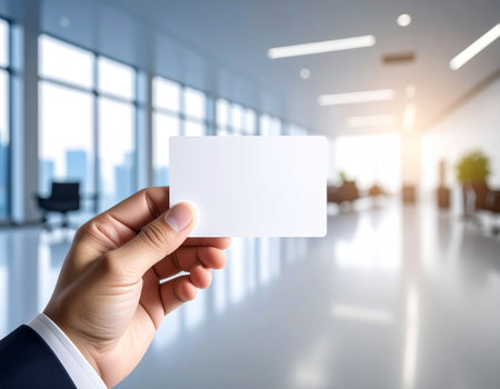 businessman hand holding business card on blurred office background, business conceptの素材