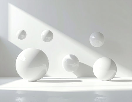 Abstract white background with balls and shadows. 3d render illustration.の素材
