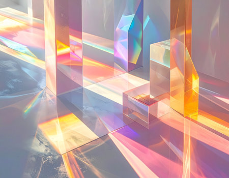 abstract scene with glass cubes and colored lights. 3d renderの素材