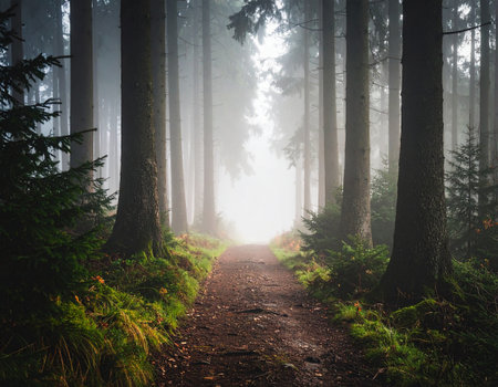 Pathway through the majestic evergreen forest in a morning fog.の素材