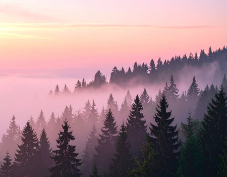Foggy morning in the Carpathian mountains, Ukraine.の素材