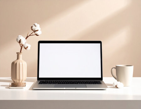 Laptop with blank screen, coffee cup and cotton flowers on white tableの素材