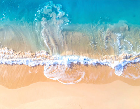 Aerial view of beautiful tropical beach with turquoise sea and sandの素材