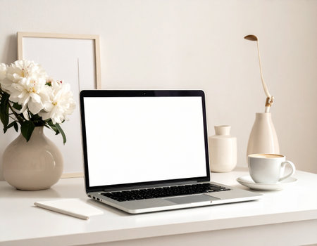 Modern workspace with blank screen laptop, coffee cup and decorations on white table.の素材