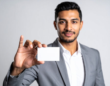 Young indian business man showing blank business card with copyspaceの素材