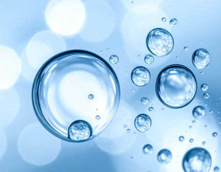 Water bubbles on blue bokeh background. Shallow depth of field.の素材