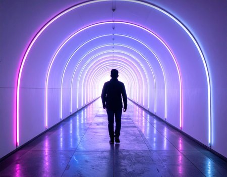 Silhouette of a man walking in a tunnel with neon lightsの素材