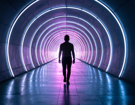 Man walking in a tunnel with blue and pink neon lights. 3d renderingの素材