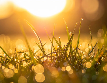 Fresh grass with dew drops at sunset. Beautiful nature background.の素材