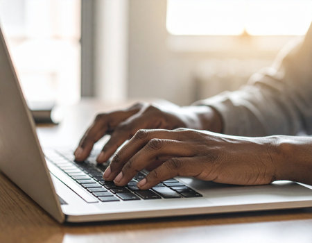 Close up of male hands typing on laptop keyboard at wooden table.の素材