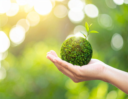 Hand holding green plant on blurred nature background, save the earth conceptの素材
